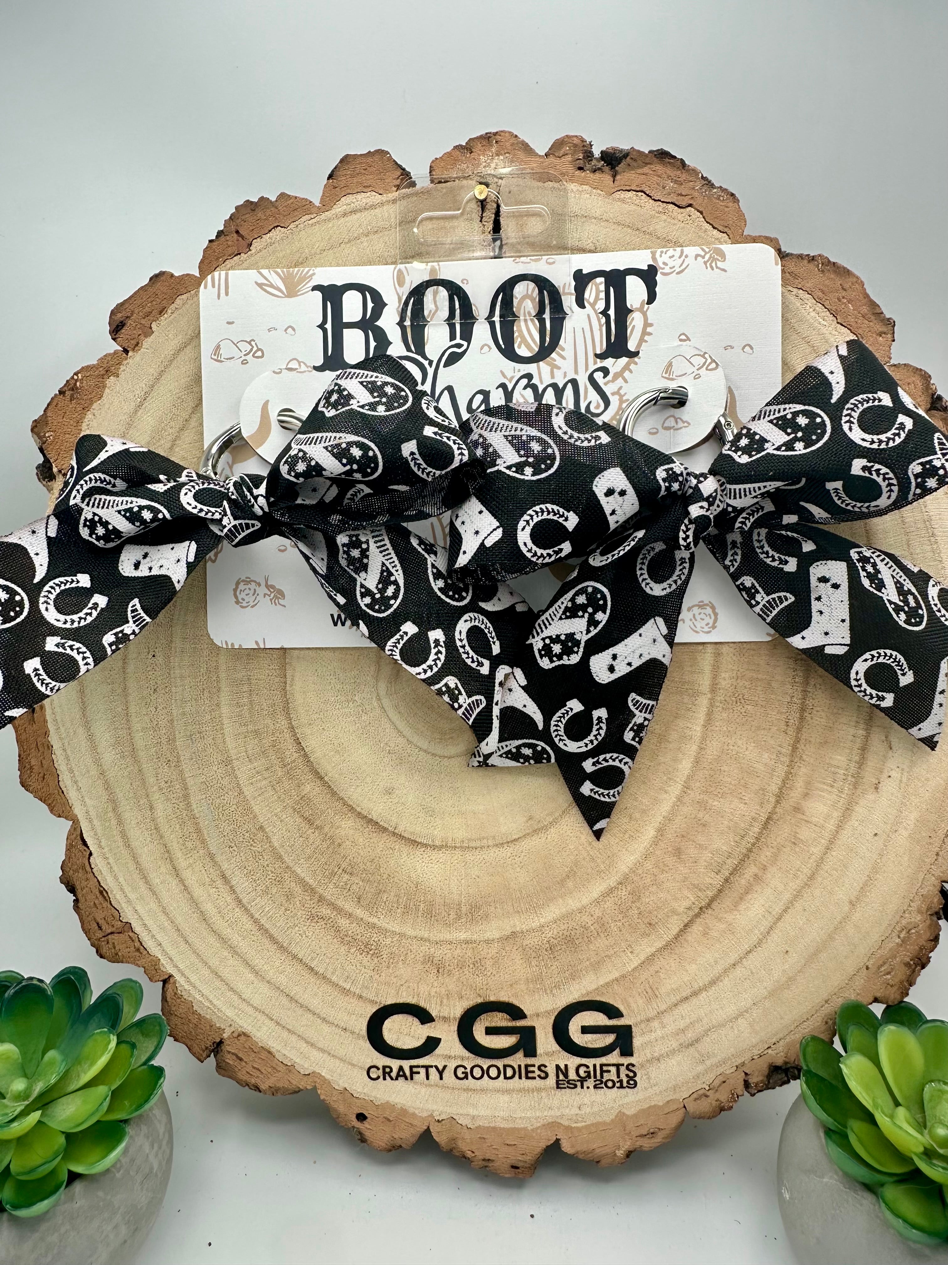 Boot Charm made from  black and white patterned made into a  bow.