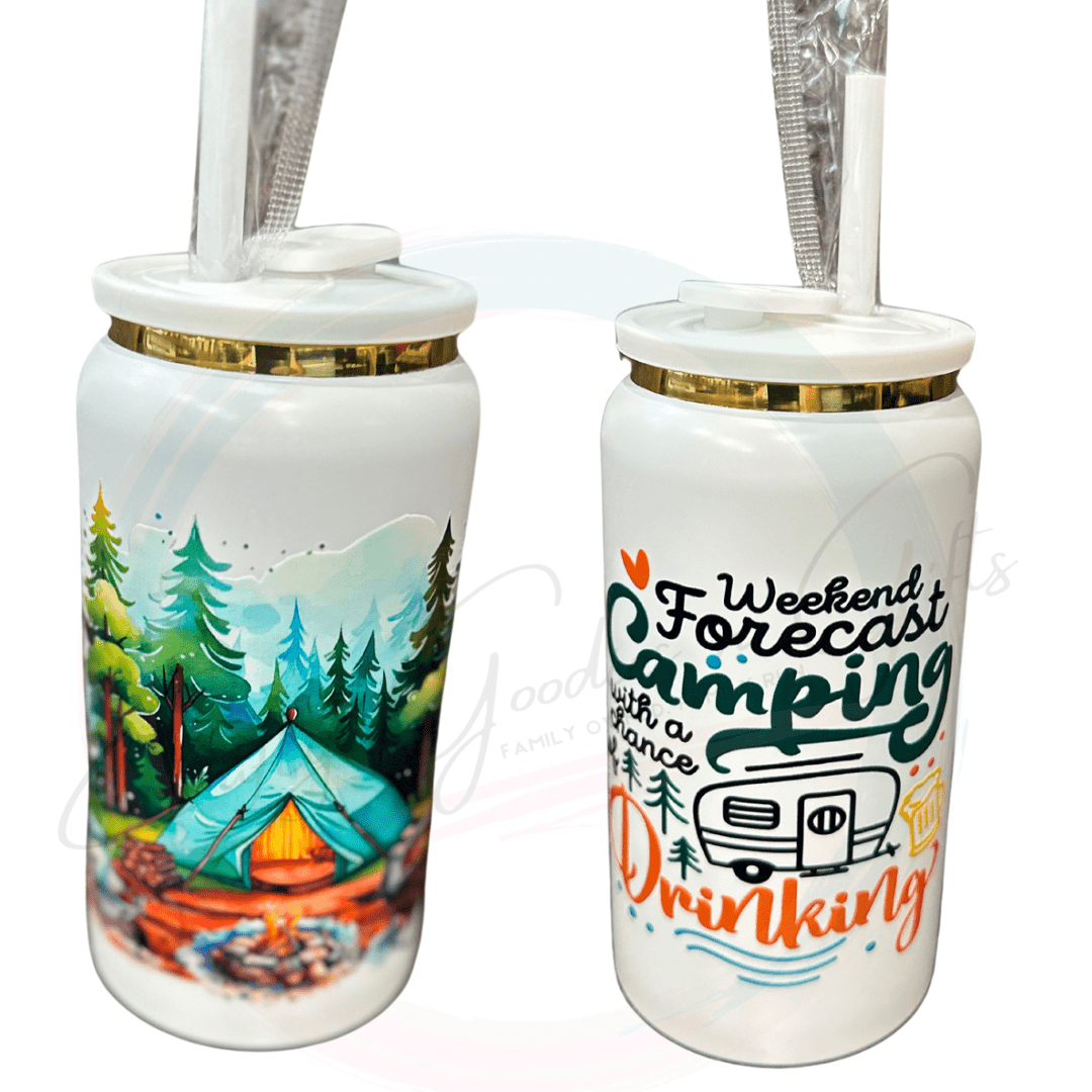 Campground on one side of the tumbler and a saying weekend forecast camping with a  chance of drinking on the other. 