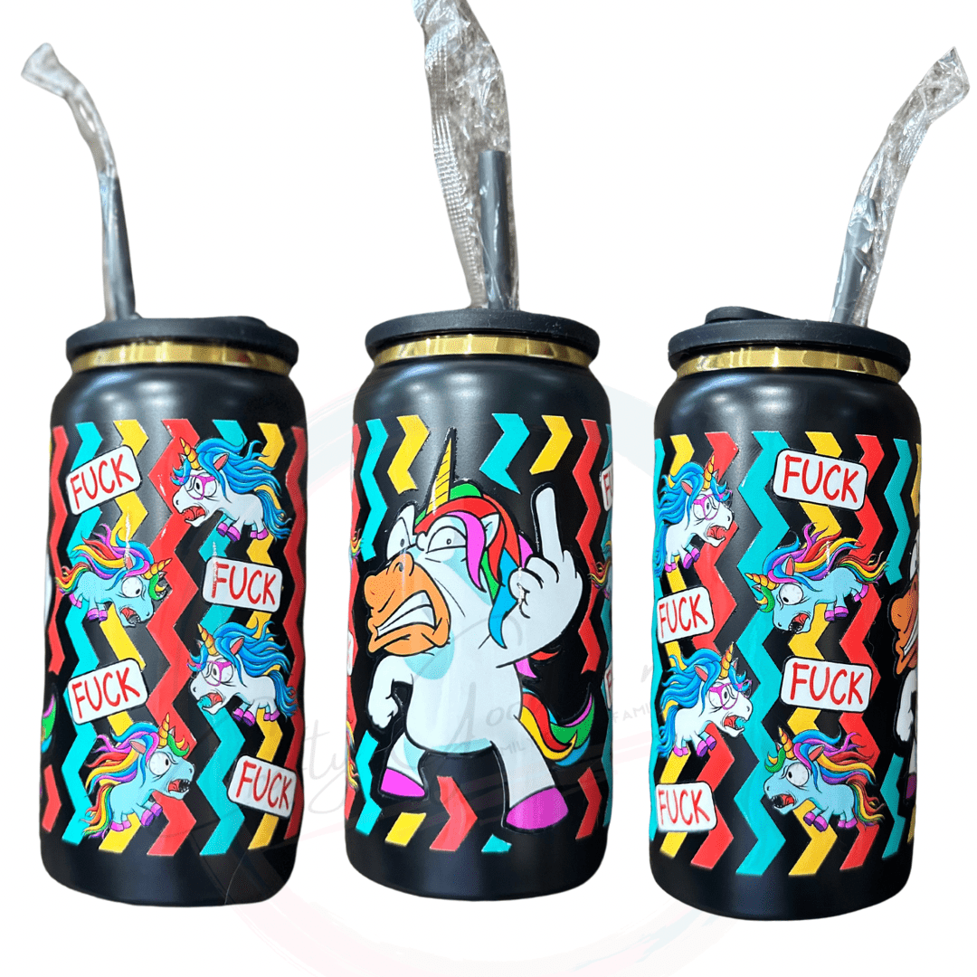 this 16oz popcan style tumbler has a lid to resemble the look o f a pop can. The angry Unicorn wrapped around the cup with the F word all around. This cup is meant for adults or someone with a potty mouth. 