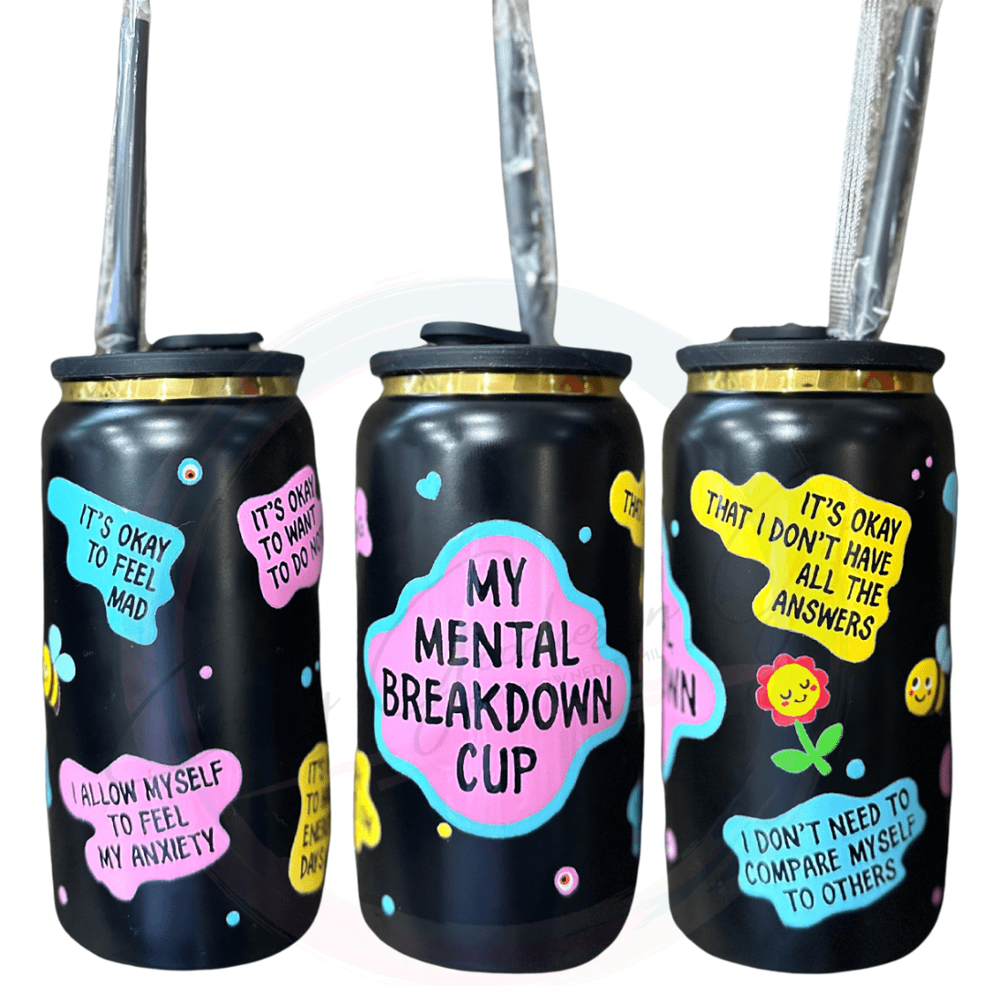 this 16oz popcan style tumbler has a lid to resemble the look o f a pop can. This cup has a bunch of positive affirmations for when you're in need of a pick me up. 