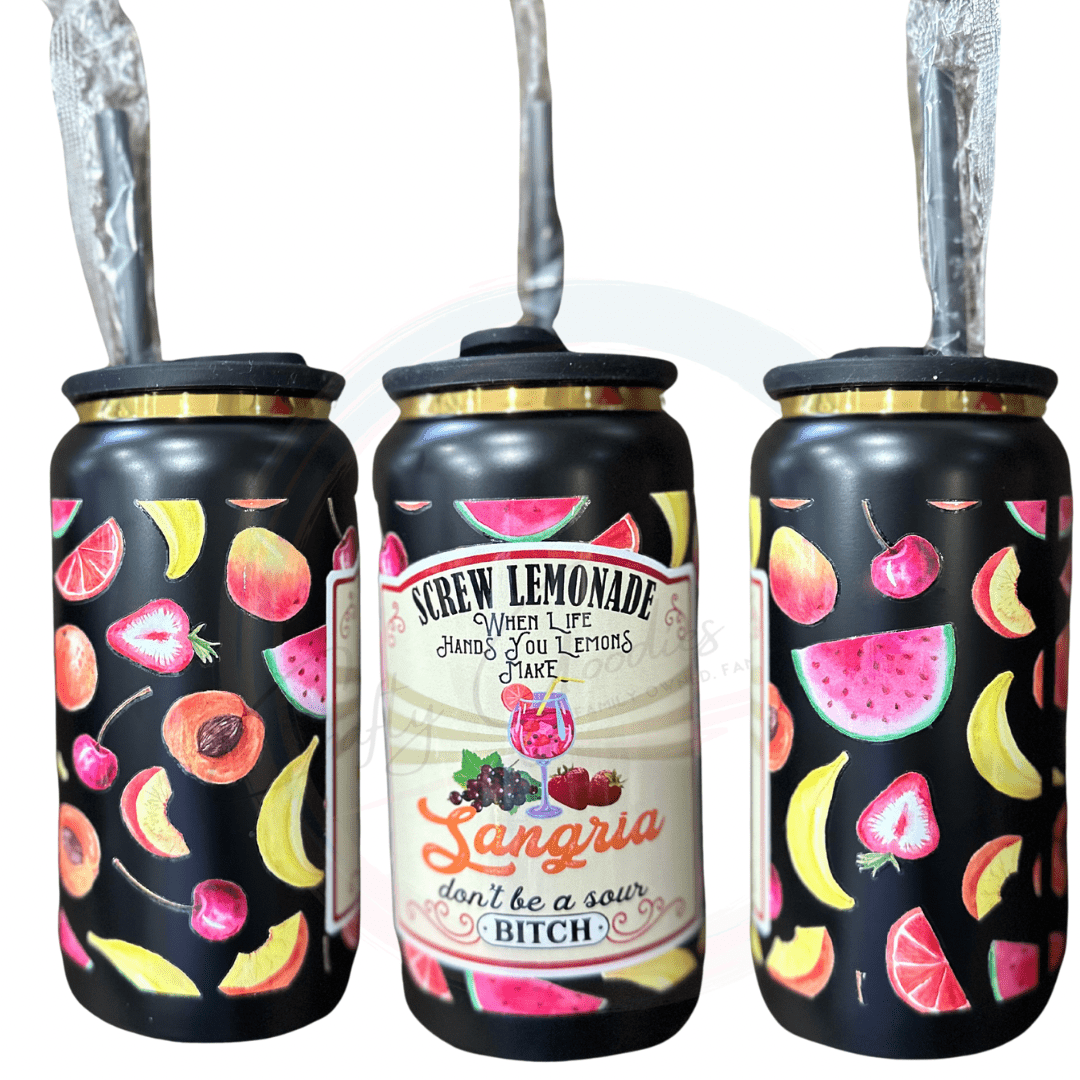 this 16oz popcan style tumbler has a lid to resemble the look o f a pop can. With a bunch of fruit wrapped around thetumbler. The focus of the wrap says screw lemonade when you get lemons make sangria stop being a sour B.. 