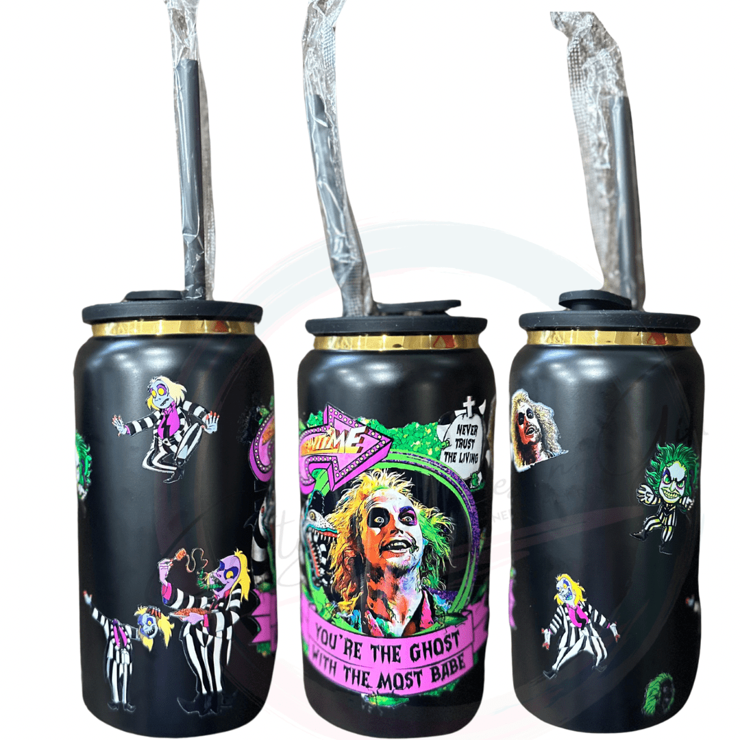 this 16oz popcan style tumbler has a lid to resemble the look o f a pop can. This is from the old and now new sequel , Bucnh of images from the main character .. iT's showtime