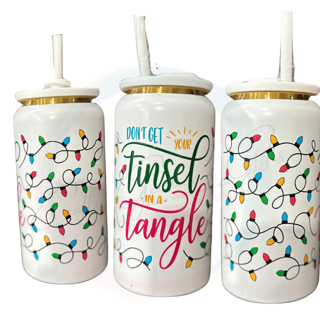 This christmas themes 16oz tumbler -white. Is funny, the design is a bunch of christmas lights in a tangle with the saying in the centre saying dont get your tinsel in a tangel