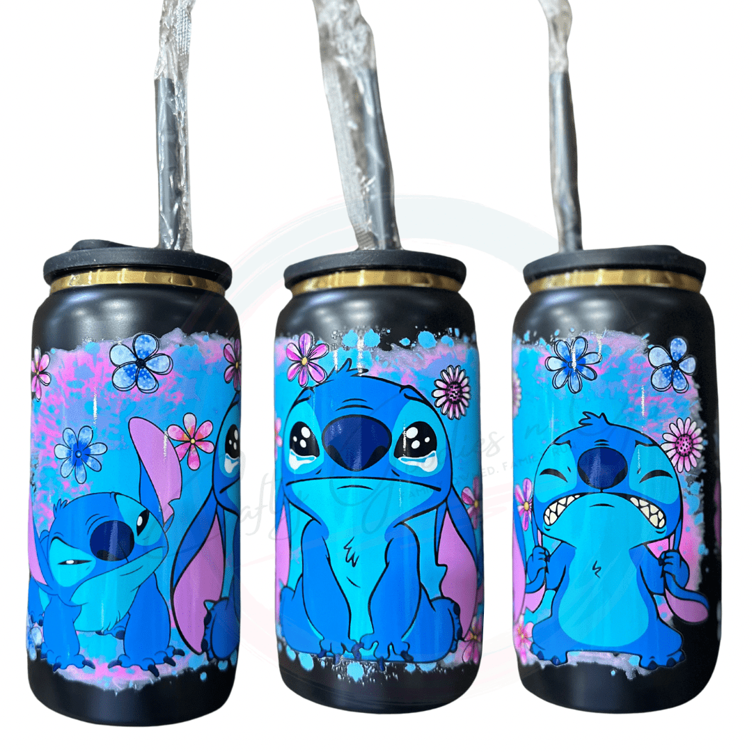 this 16oz popcan style tumbler has a lid to resemble the look o f a pop can. The Cutest blue alien  with teary eyes, and angry photos wrapped around the tumbler 