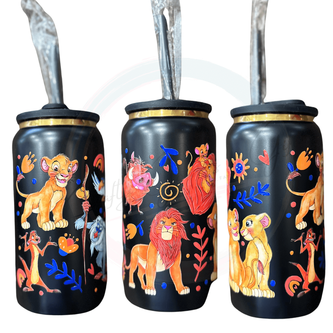 this 16oz popcan style tumbler has a lid to resemble the look o f a pop can. With the crew from the jungle fighting off the hyenas at pride rock. 