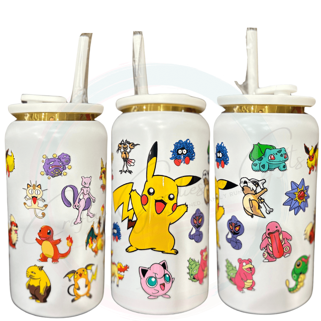 White 16oz Stainless steel tumbler. The Design has A bunch of images of some of the  original 152 Pokedex. 
