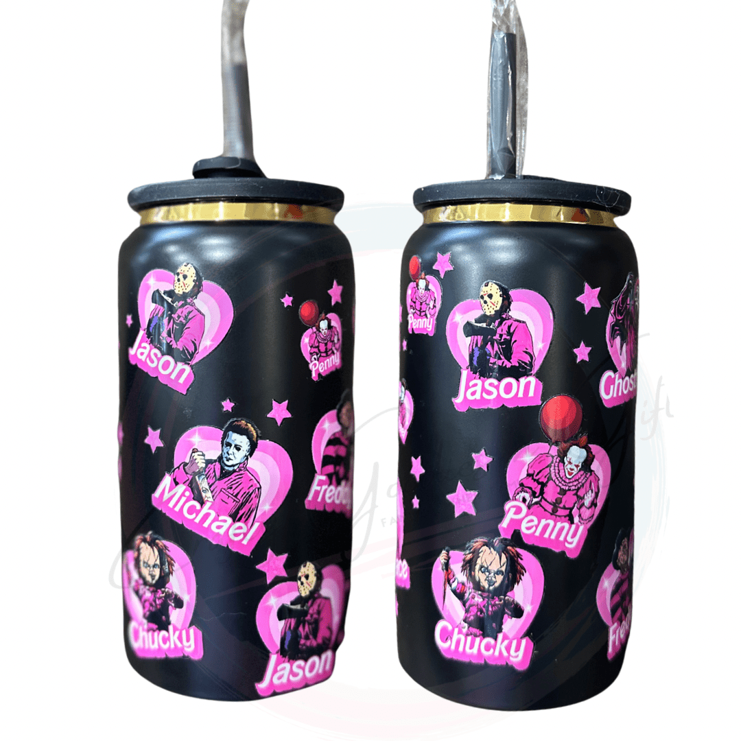 this 16oz popcan style tumbler has a lid to resemble the look o f a pop can. All of your favourite Halloween Characters in a pink heart with their name. 
