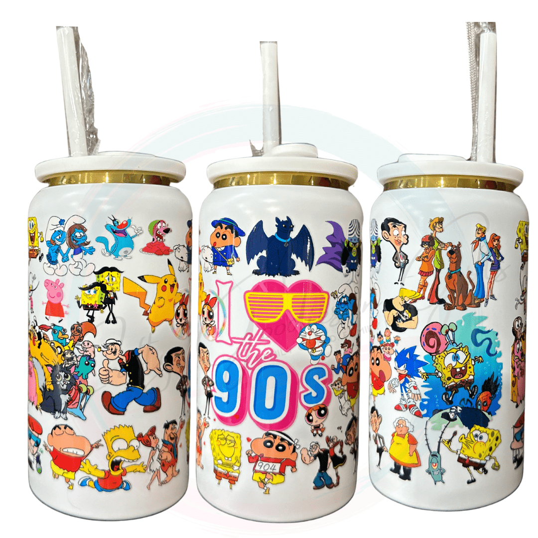 A mashup of characters from the 90's scattered around the saying I love the 90s in the centre of it all on this white 16oz stainless steel tumbler.