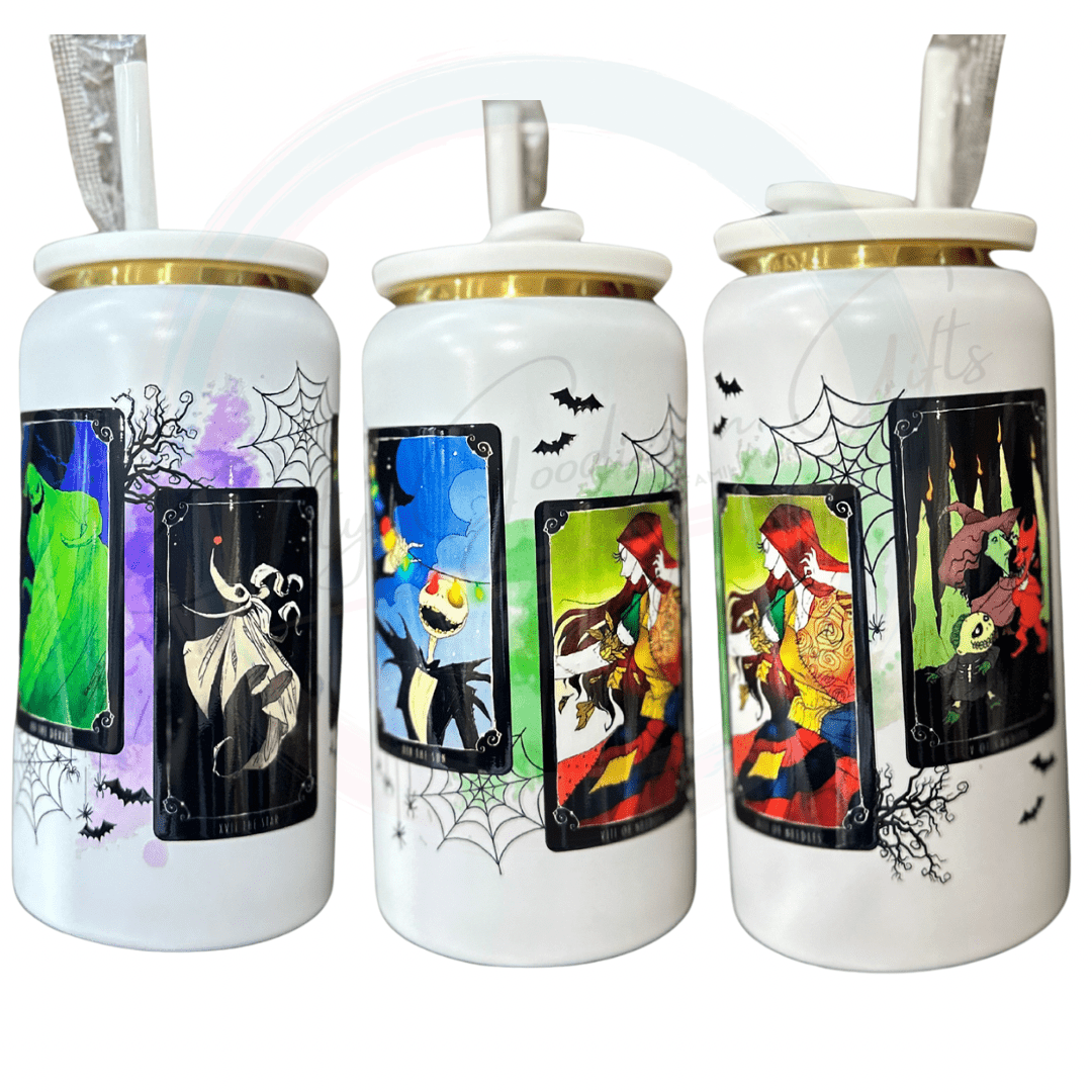 A white 16oz stainless steel tumbler, with a pop can style lid, the design has all the characters from NBC in their own card wrapped around the tumbler.