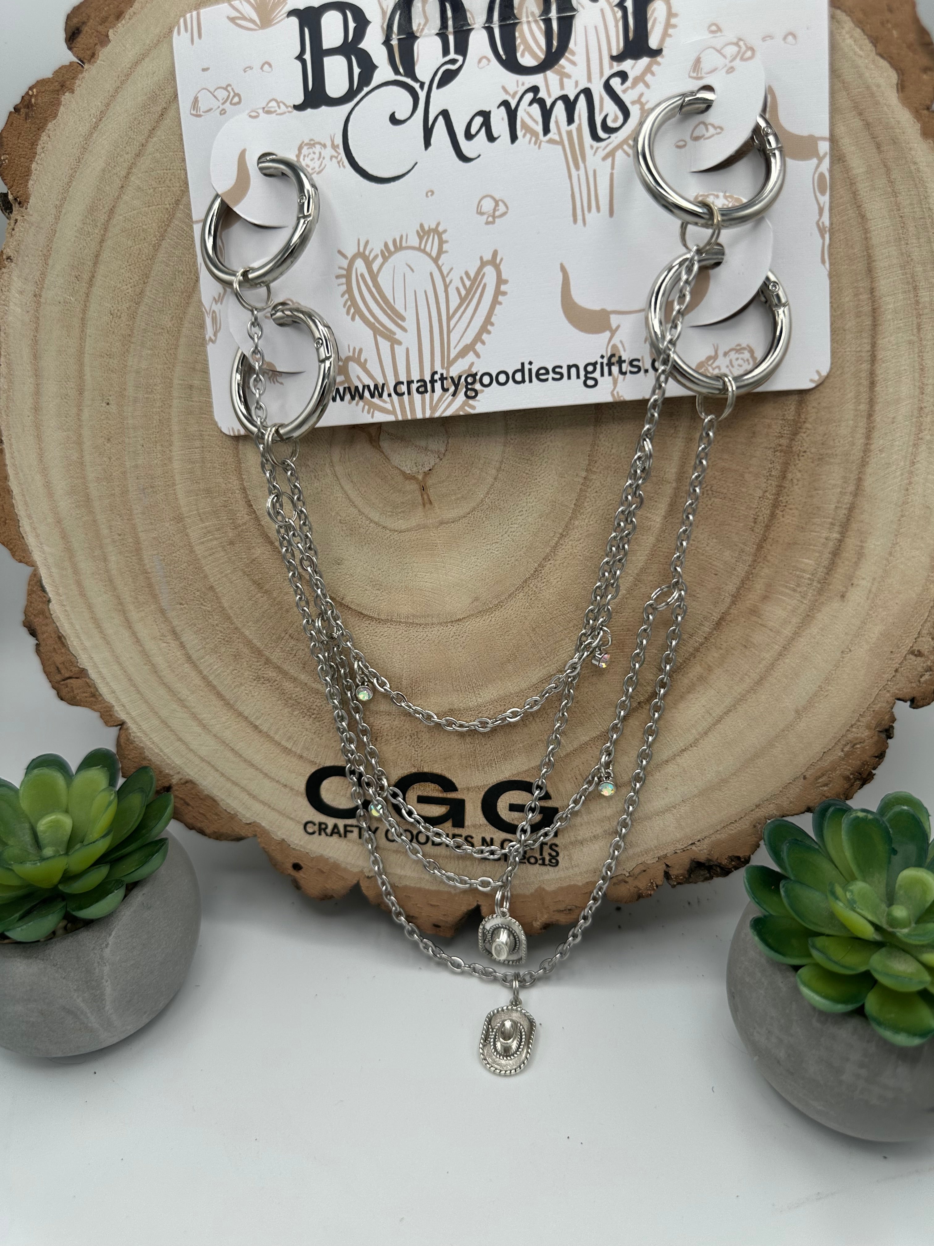 Silver-toned double-layer chain boot charms with cute cowboy hat beads.